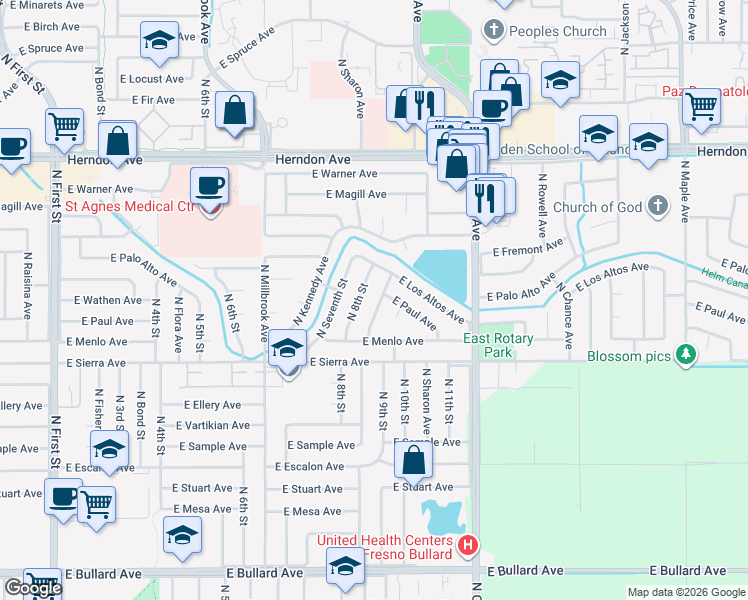 map of restaurants, bars, coffee shops, grocery stores, and more near 6515 North Spalding Avenue in Fresno