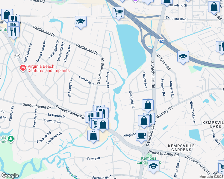 map of restaurants, bars, coffee shops, grocery stores, and more near 260 Overholt Drive in Virginia Beach