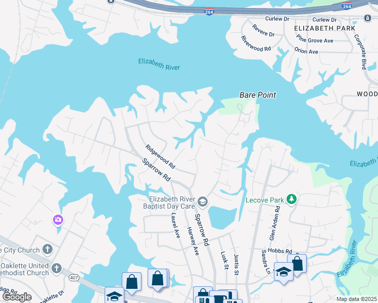 map of restaurants, bars, coffee shops, grocery stores, and more near 4009 Ridgewood Court in Chesapeake