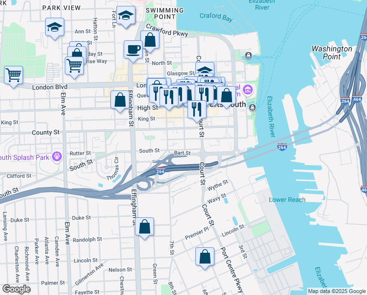 map of restaurants, bars, coffee shops, grocery stores, and more near 818 Dinwiddie Street in Portsmouth