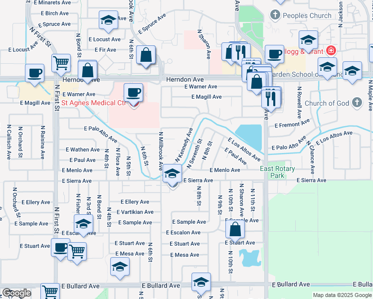 map of restaurants, bars, coffee shops, grocery stores, and more near 6527 North Kennedy Avenue in Fresno
