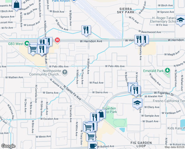 map of restaurants, bars, coffee shops, grocery stores, and more near 6540 North Blythe Avenue in Fresno