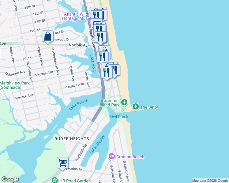 map of restaurants, bars, coffee shops, grocery stores, and more near 303 Atlantic Avenue in Virginia Beach