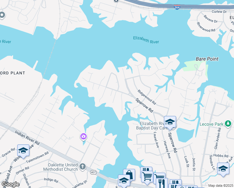 map of restaurants, bars, coffee shops, grocery stores, and more near 210 Sparrow Road in Chesapeake