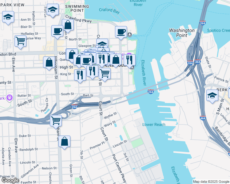 map of restaurants, bars, coffee shops, grocery stores, and more near 800 Crawford Street in Portsmouth