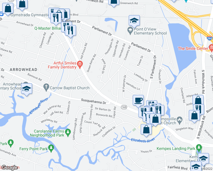 map of restaurants, bars, coffee shops, grocery stores, and more near 240 Coventry Road in Virginia Beach