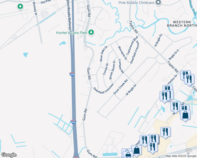 map of restaurants, bars, coffee shops, grocery stores, and more near 2725 River Oaks Drive in Chesapeake