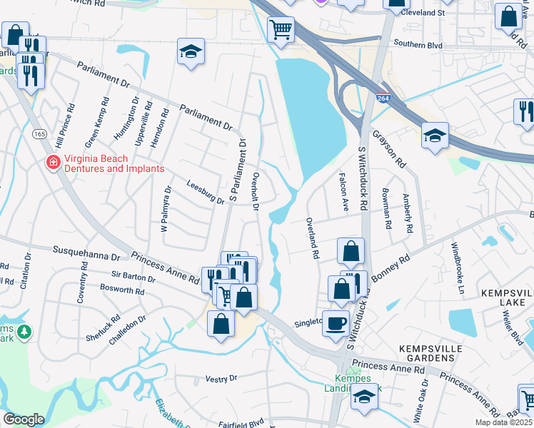 map of restaurants, bars, coffee shops, grocery stores, and more near 260 Overholt Drive in Virginia Beach