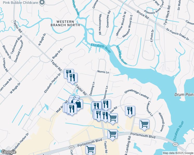 map of restaurants, bars, coffee shops, grocery stores, and more near 2537 Denning Lane in Chesapeake
