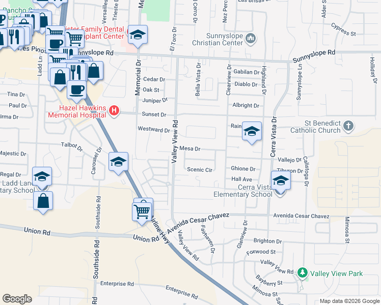 map of restaurants, bars, coffee shops, grocery stores, and more near 1251 Mesa Drive in Hollister