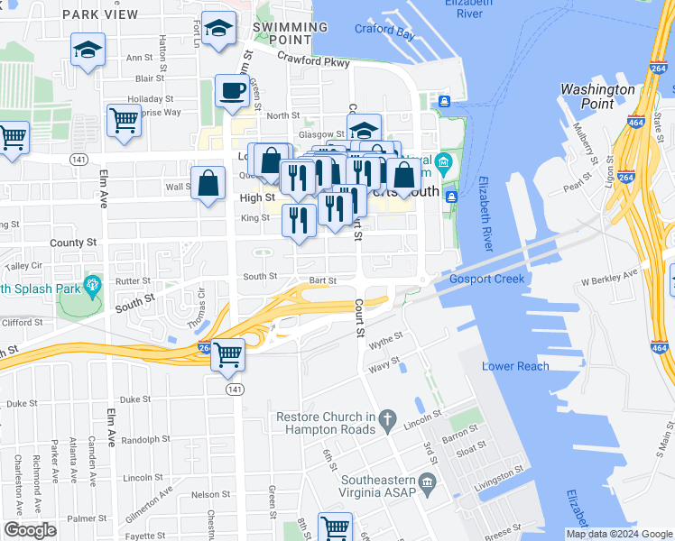 map of restaurants, bars, coffee shops, grocery stores, and more near 426 South Street in Portsmouth