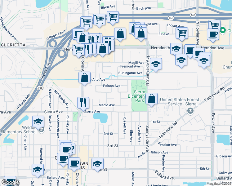 map of restaurants, bars, coffee shops, grocery stores, and more near 110 North Manila Avenue in Clovis