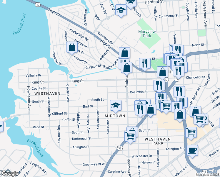 map of restaurants, bars, coffee shops, grocery stores, and more near 3819 County Street in Portsmouth