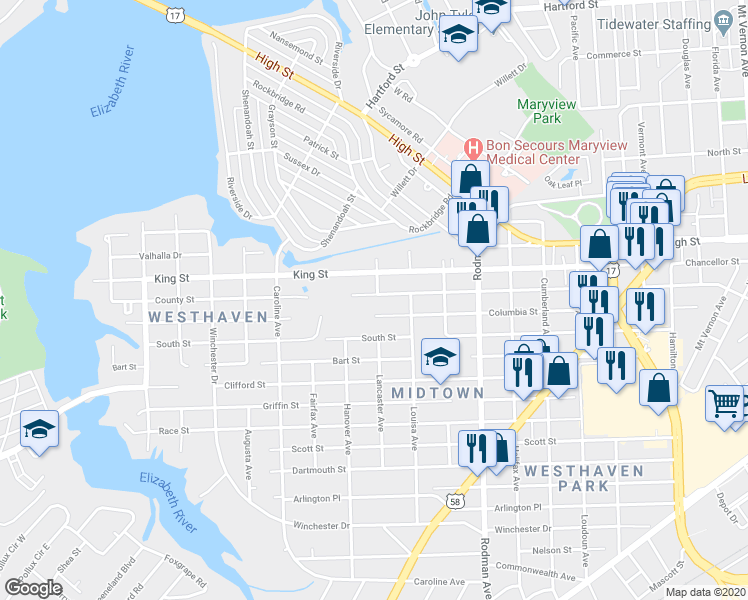 map of restaurants, bars, coffee shops, grocery stores, and more near 4001 County Street in Portsmouth