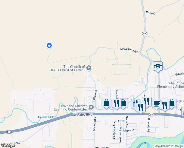 map of restaurants, bars, coffee shops, grocery stores, and more near 506 North Oliver Avenue in Aztec