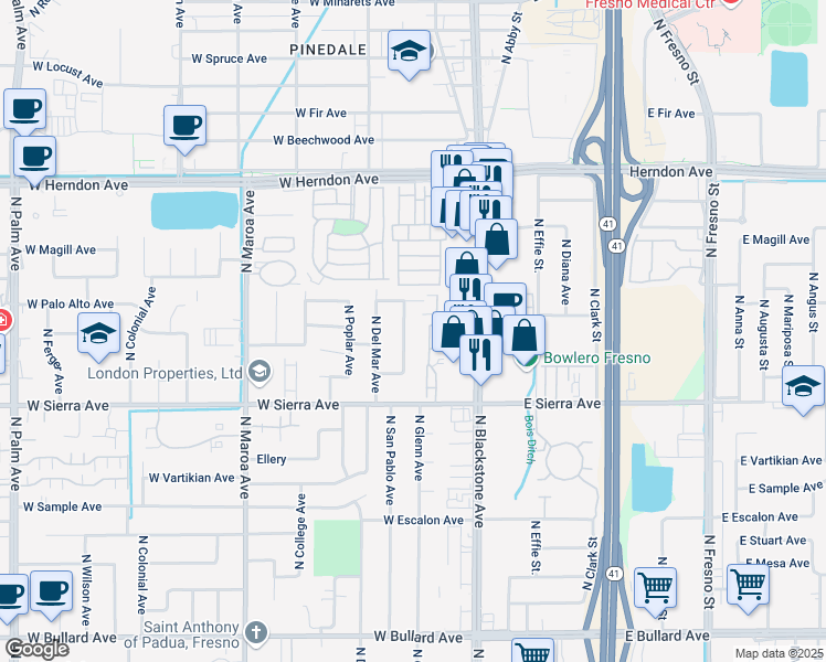 map of restaurants, bars, coffee shops, grocery stores, and more near 6526 North San Pablo Avenue in Fresno