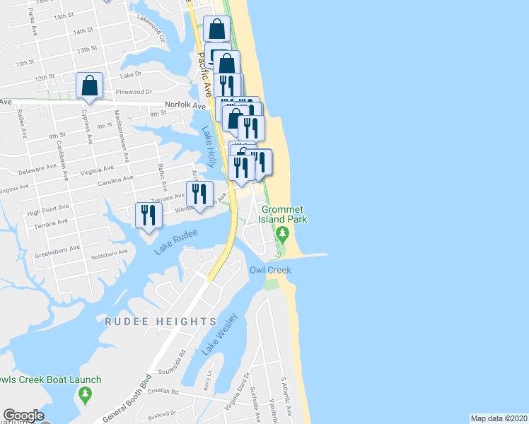 map of restaurants, bars, coffee shops, grocery stores, and more near 303 Atlantic Avenue in Virginia Beach