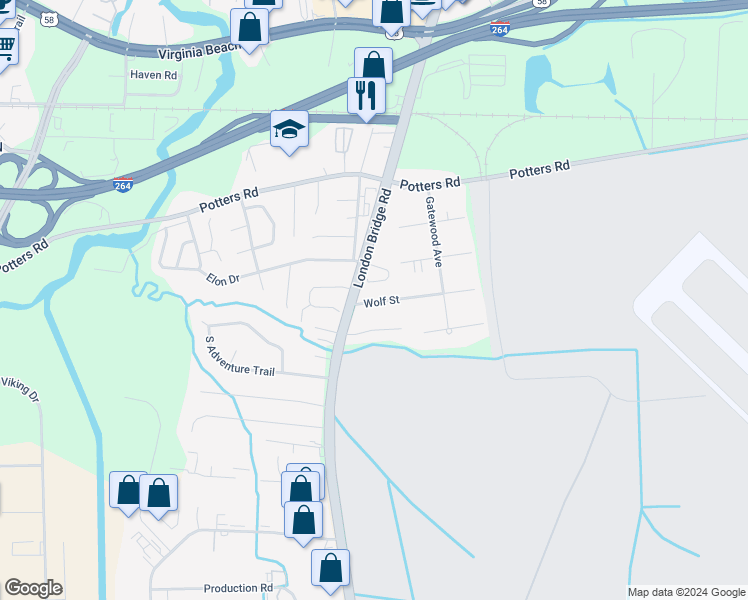 map of restaurants, bars, coffee shops, grocery stores, and more near 2270 Wolf Street in Virginia Beach