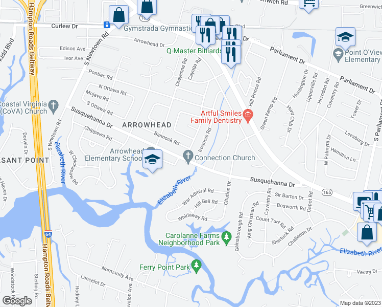 map of restaurants, bars, coffee shops, grocery stores, and more near 256 Miami Road in Virginia Beach