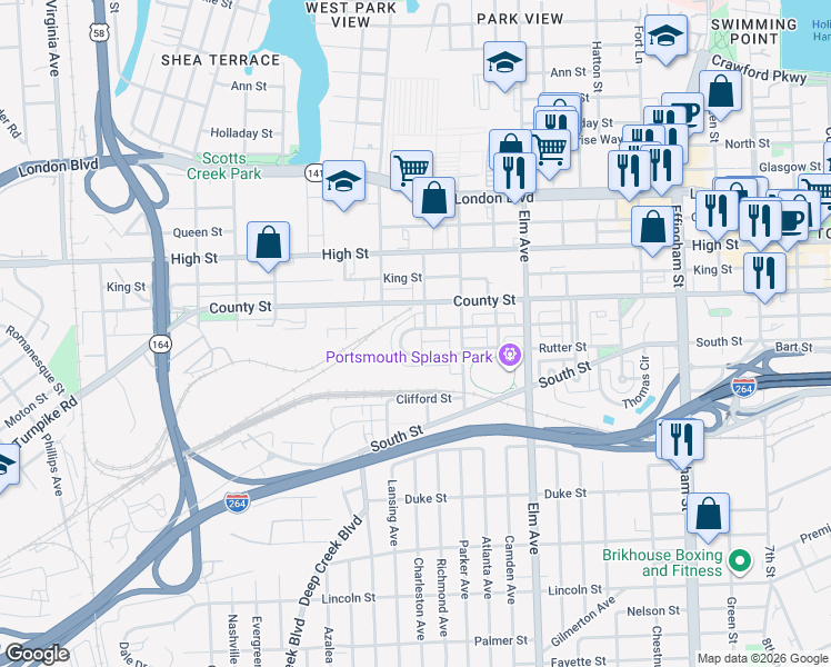map of restaurants, bars, coffee shops, grocery stores, and more near 1441 Talley Circle in Portsmouth