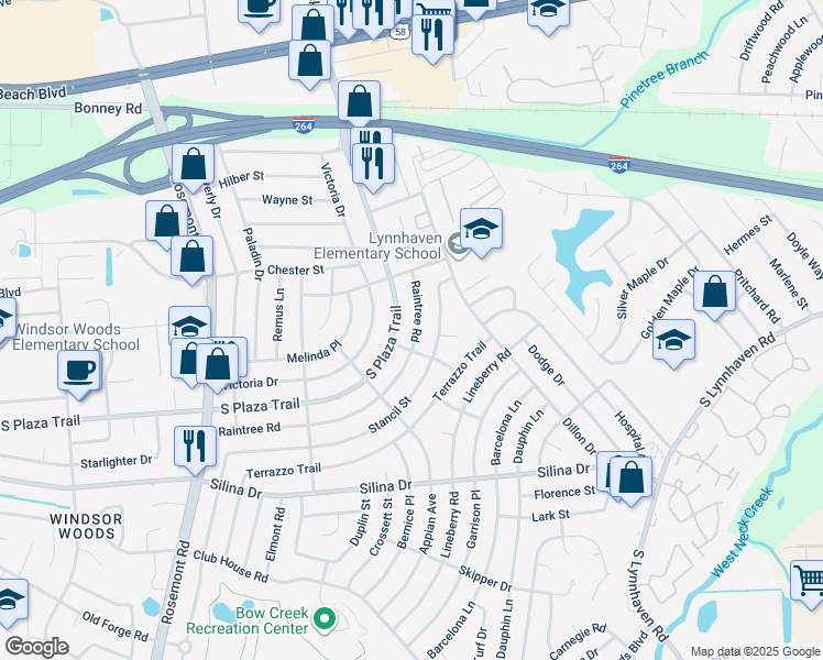 map of restaurants, bars, coffee shops, grocery stores, and more near 245 Raintree Road in Virginia Beach