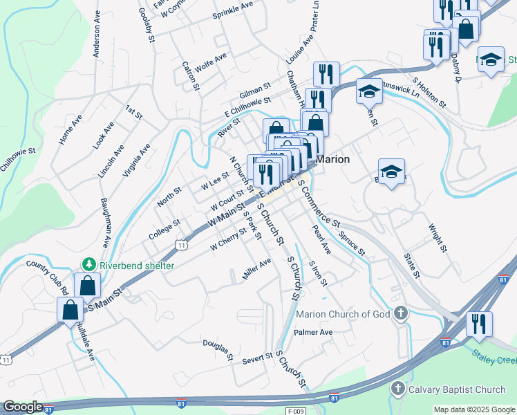 map of restaurants, bars, coffee shops, grocery stores, and more near 112 South Church Street in Marion