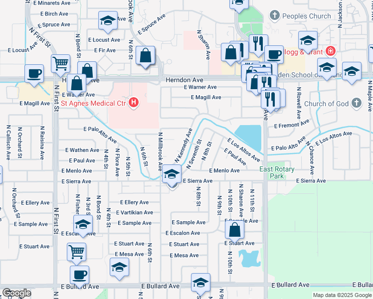 map of restaurants, bars, coffee shops, grocery stores, and more near 6527 North Kennedy Avenue in Fresno