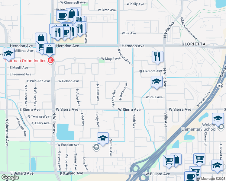 map of restaurants, bars, coffee shops, grocery stores, and more near 100 North Terry Court in Clovis