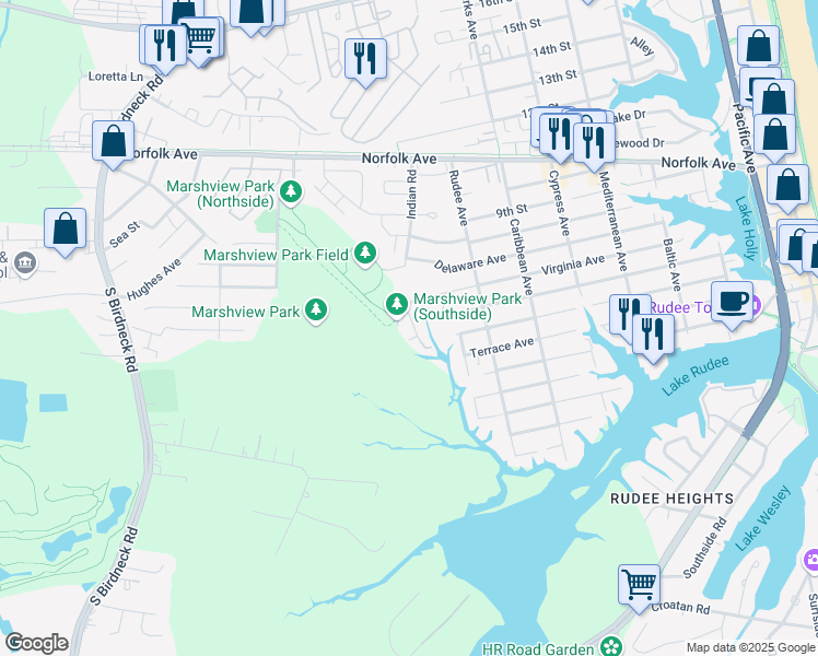 map of restaurants, bars, coffee shops, grocery stores, and more near 617 Sea Oats Way in Virginia Beach