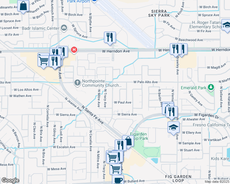 map of restaurants, bars, coffee shops, grocery stores, and more near 6540 North Blythe Avenue in Fresno