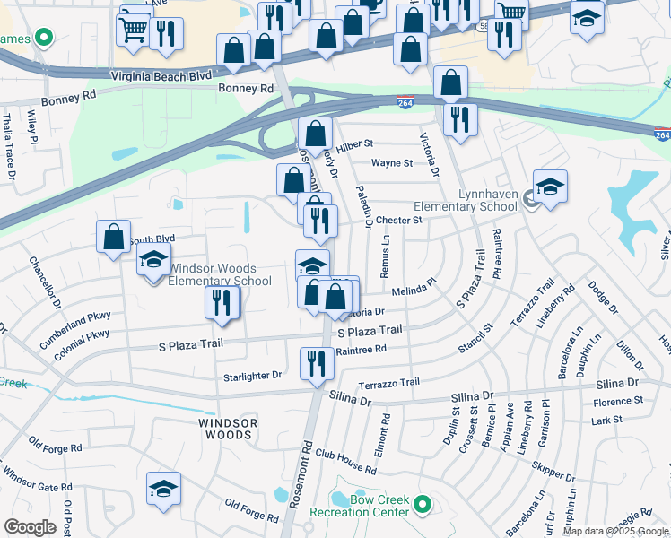 map of restaurants, bars, coffee shops, grocery stores, and more near 228 Virginia 411 in Virginia Beach