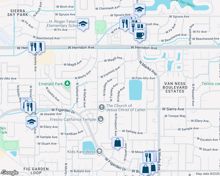 map of restaurants, bars, coffee shops, grocery stores, and more near 6535 North Tamera Avenue in Fresno