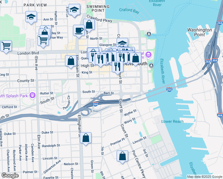 map of restaurants, bars, coffee shops, grocery stores, and more near 434 South Street in Portsmouth