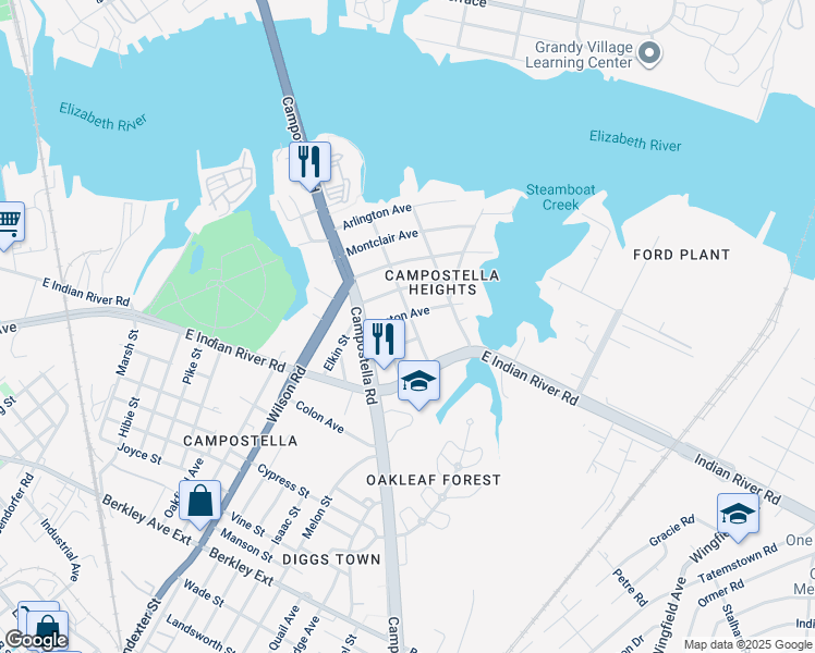 map of restaurants, bars, coffee shops, grocery stores, and more near 905 Oakwood Street in Norfolk