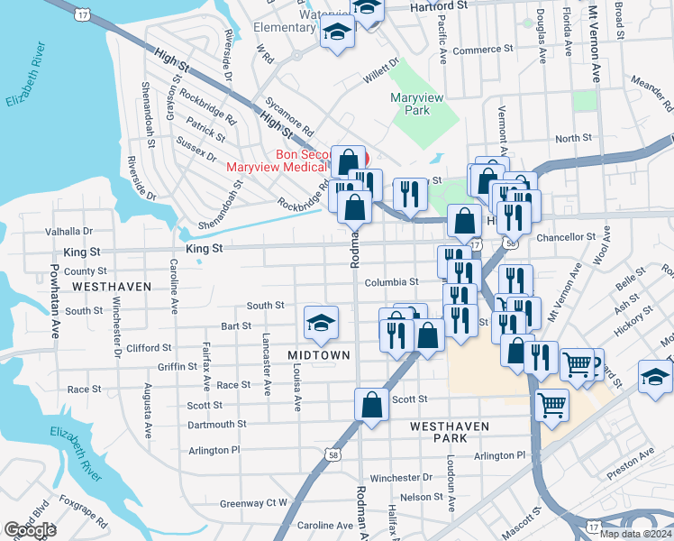 map of restaurants, bars, coffee shops, grocery stores, and more near 3709 County Street in Portsmouth
