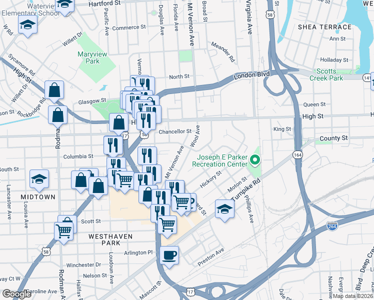 map of restaurants, bars, coffee shops, grocery stores, and more near 1400 Wool Avenue in Portsmouth