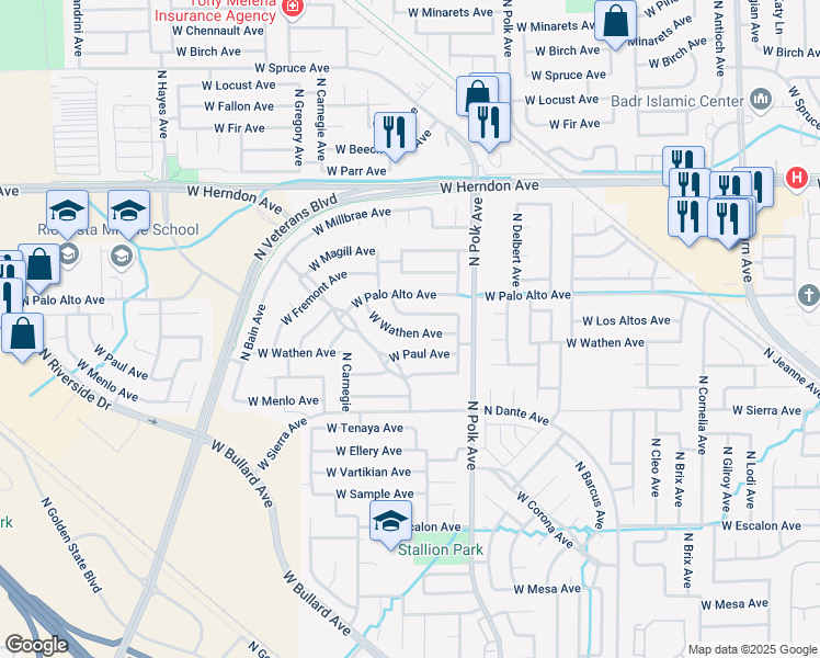 map of restaurants, bars, coffee shops, grocery stores, and more near 5604 West Wathen Avenue in Fresno