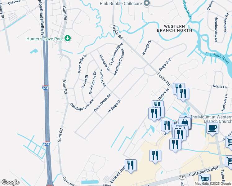 map of restaurants, bars, coffee shops, grocery stores, and more near 604 Trumpet Road in Chesapeake