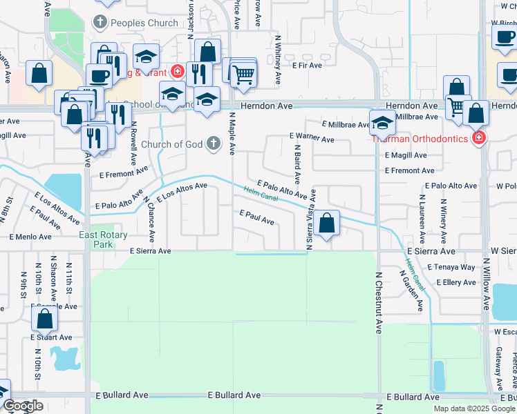 map of restaurants, bars, coffee shops, grocery stores, and more near 2569 East Los Altos Avenue in Fresno
