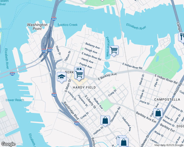 map of restaurants, bars, coffee shops, grocery stores, and more near 519 Fauquier Street in Norfolk