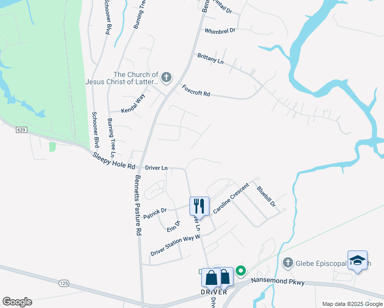 map of restaurants, bars, coffee shops, grocery stores, and more near 219 King Charles Court in Suffolk