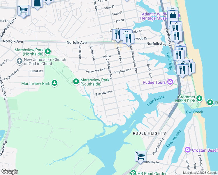 map of restaurants, bars, coffee shops, grocery stores, and more near 808 High Point Avenue in Virginia Beach