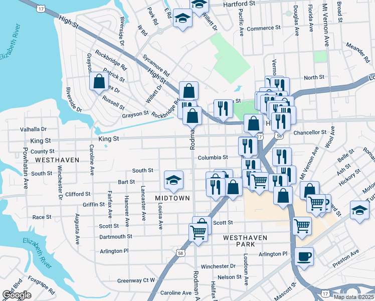 map of restaurants, bars, coffee shops, grocery stores, and more near 3709 County Street in Portsmouth