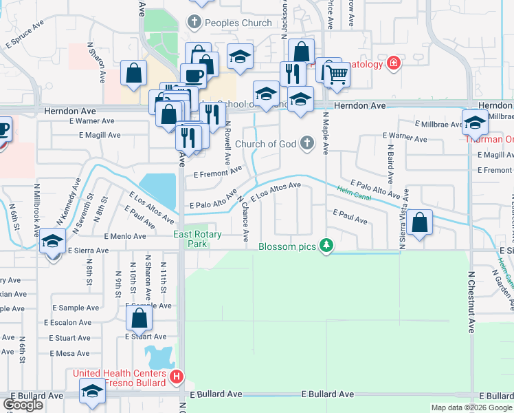 map of restaurants, bars, coffee shops, grocery stores, and more near 6647 N Barton Ave in Fresno