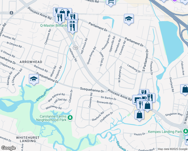 map of restaurants, bars, coffee shops, grocery stores, and more near 5412 Princess Anne Road in Virginia Beach