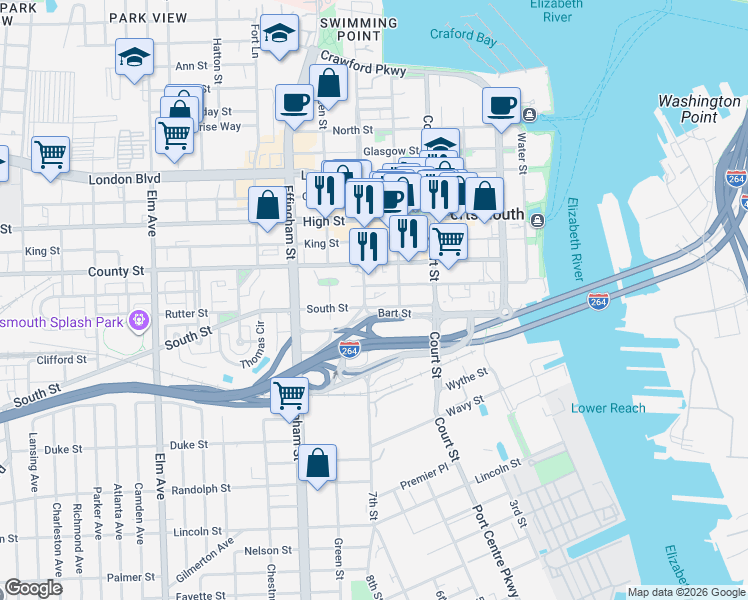 map of restaurants, bars, coffee shops, grocery stores, and more near 546 South Street in Portsmouth
