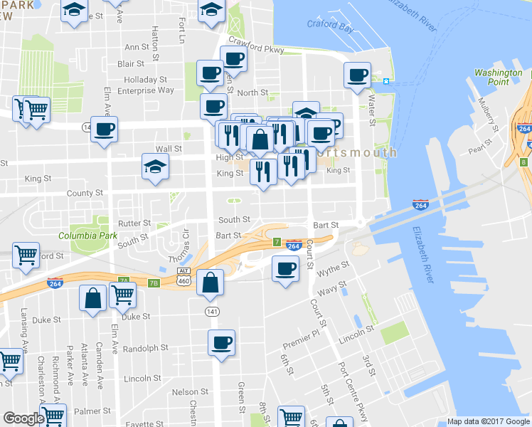 map of restaurants, bars, coffee shops, grocery stores, and more near 540 South Street in Portsmouth