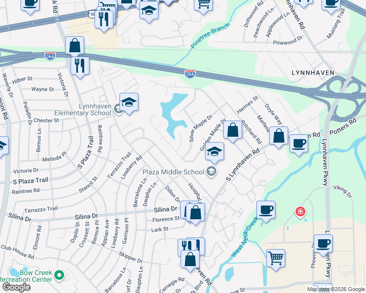 map of restaurants, bars, coffee shops, grocery stores, and more near 3025 Red Maple Ln in Virginia Beach
