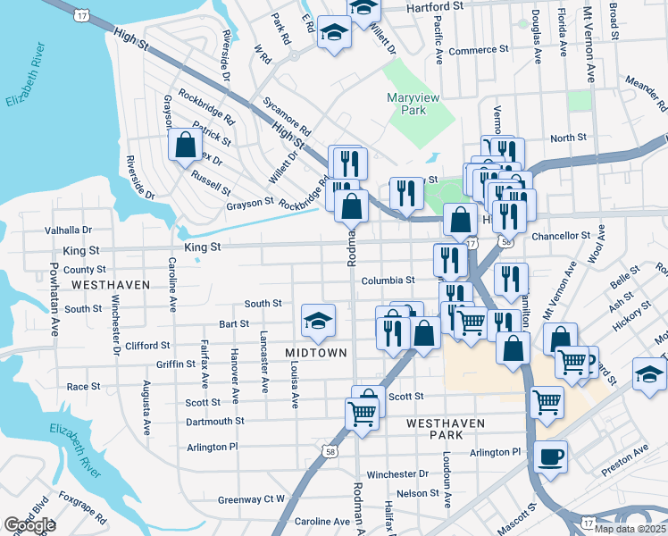 map of restaurants, bars, coffee shops, grocery stores, and more near 3709 County Street in Portsmouth