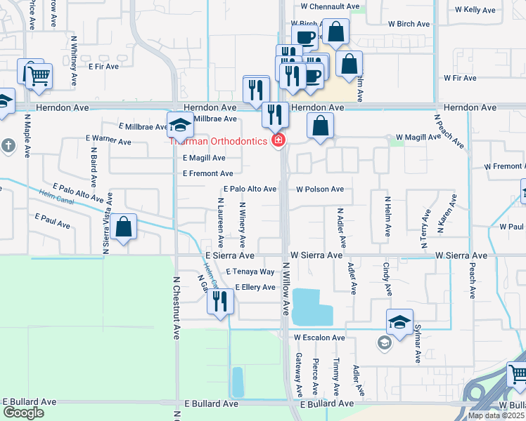 map of restaurants, bars, coffee shops, grocery stores, and more near 3267 East Los Altos Avenue in Fresno